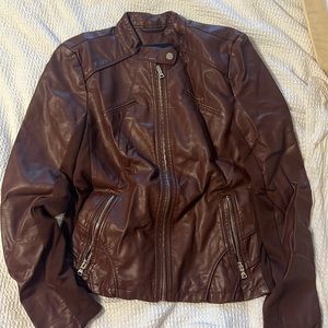 Faux brown leather racer bomber jacket moto